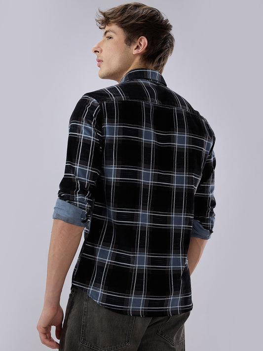 Refined Black & Blue Plaid Checks Flannel Corduroy Shirt