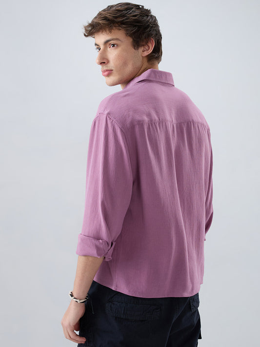 Dust Rose Blush Fine Grid Textured Boxy Fit Crop Shirt