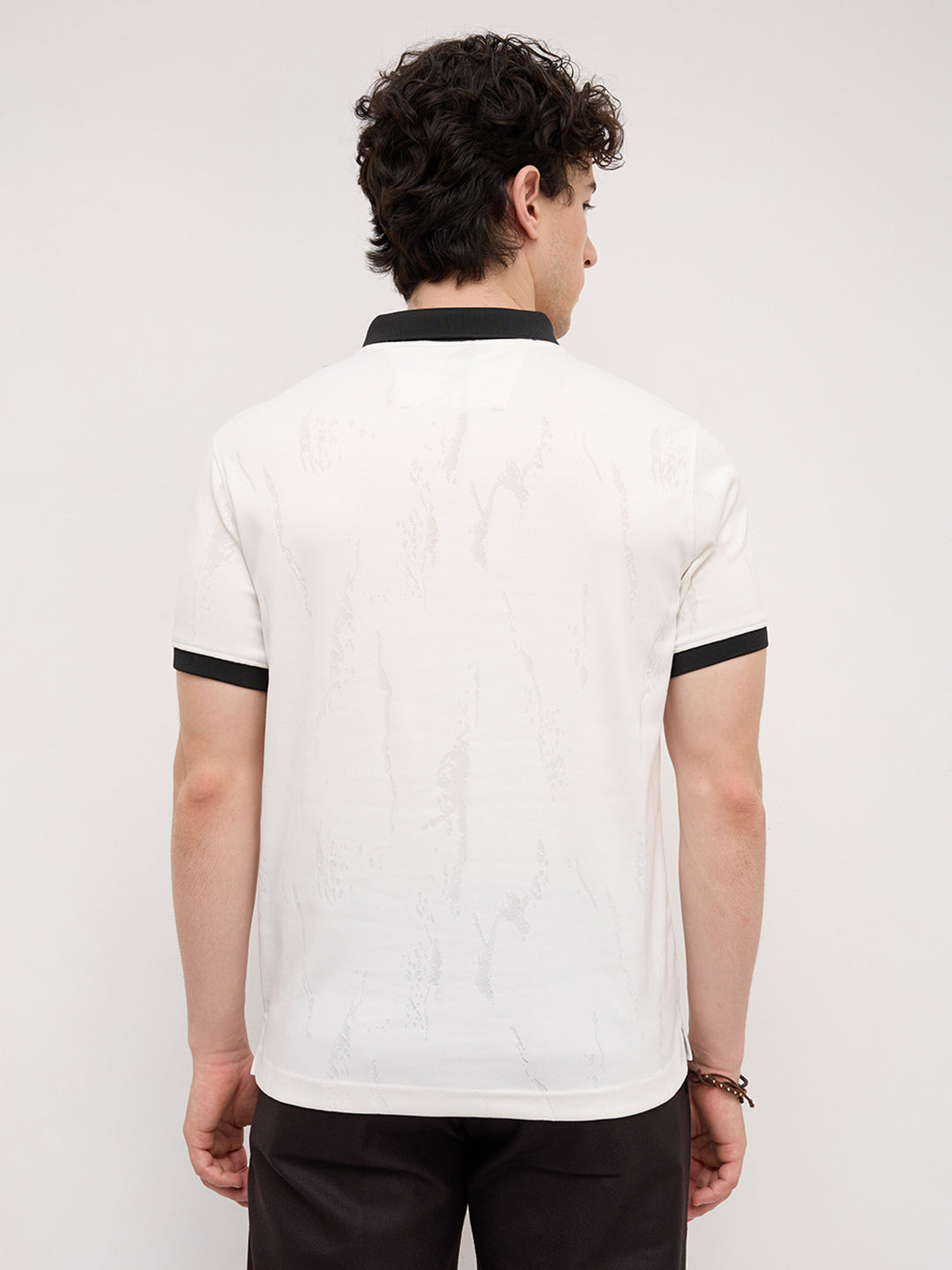 Intricate White Textured Contrast Polo Knit T-Shirt