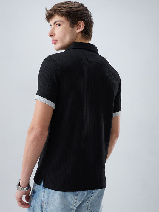 Rich Black Contrast Polo Neck Knit T-shirt