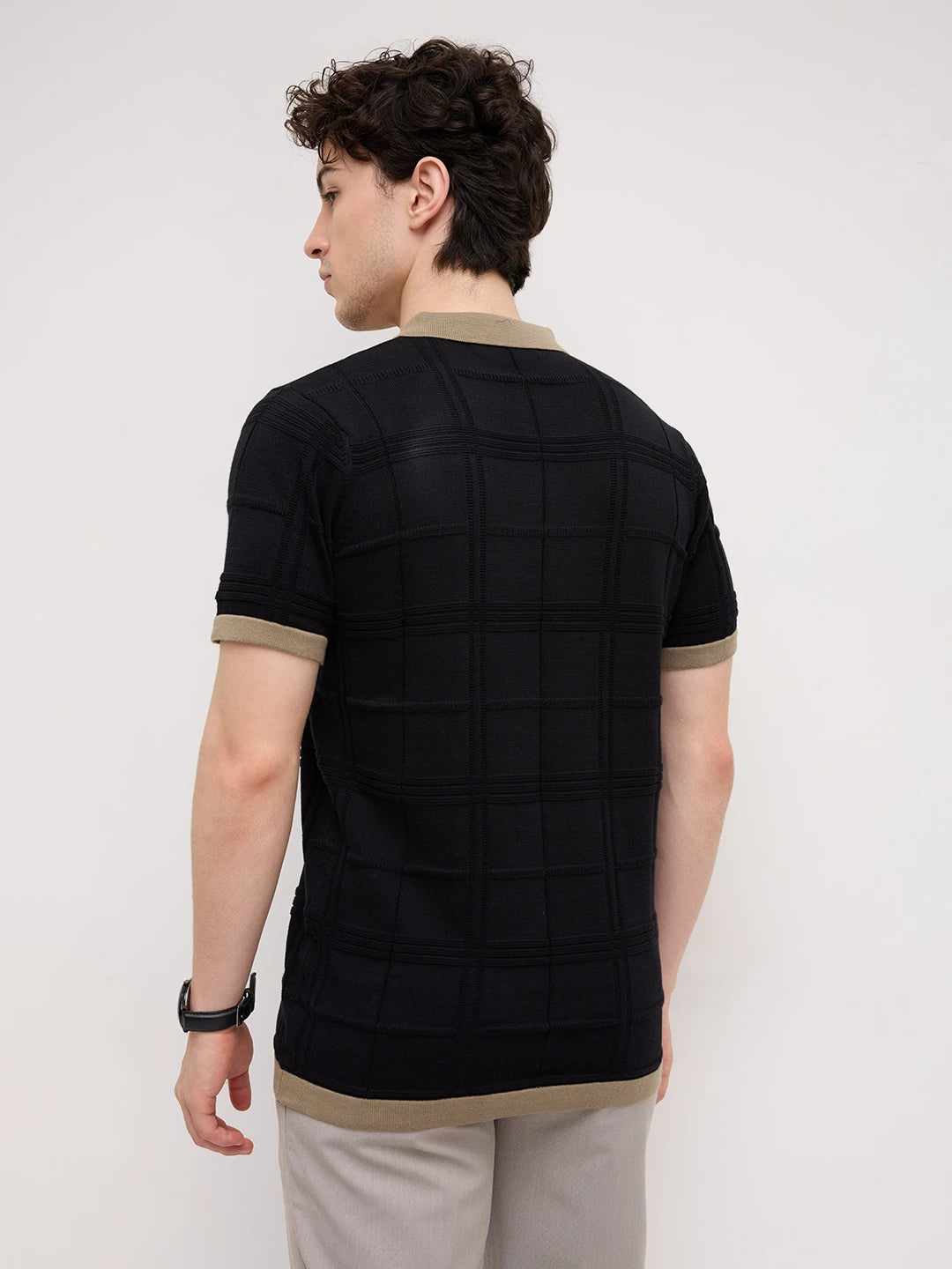 Black Windowpane Textured Contrast Polo Flat Knit T-Shirt