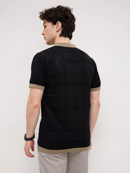 Black Windowpane Textured Contrast Polo Flat Knit T-Shirt
