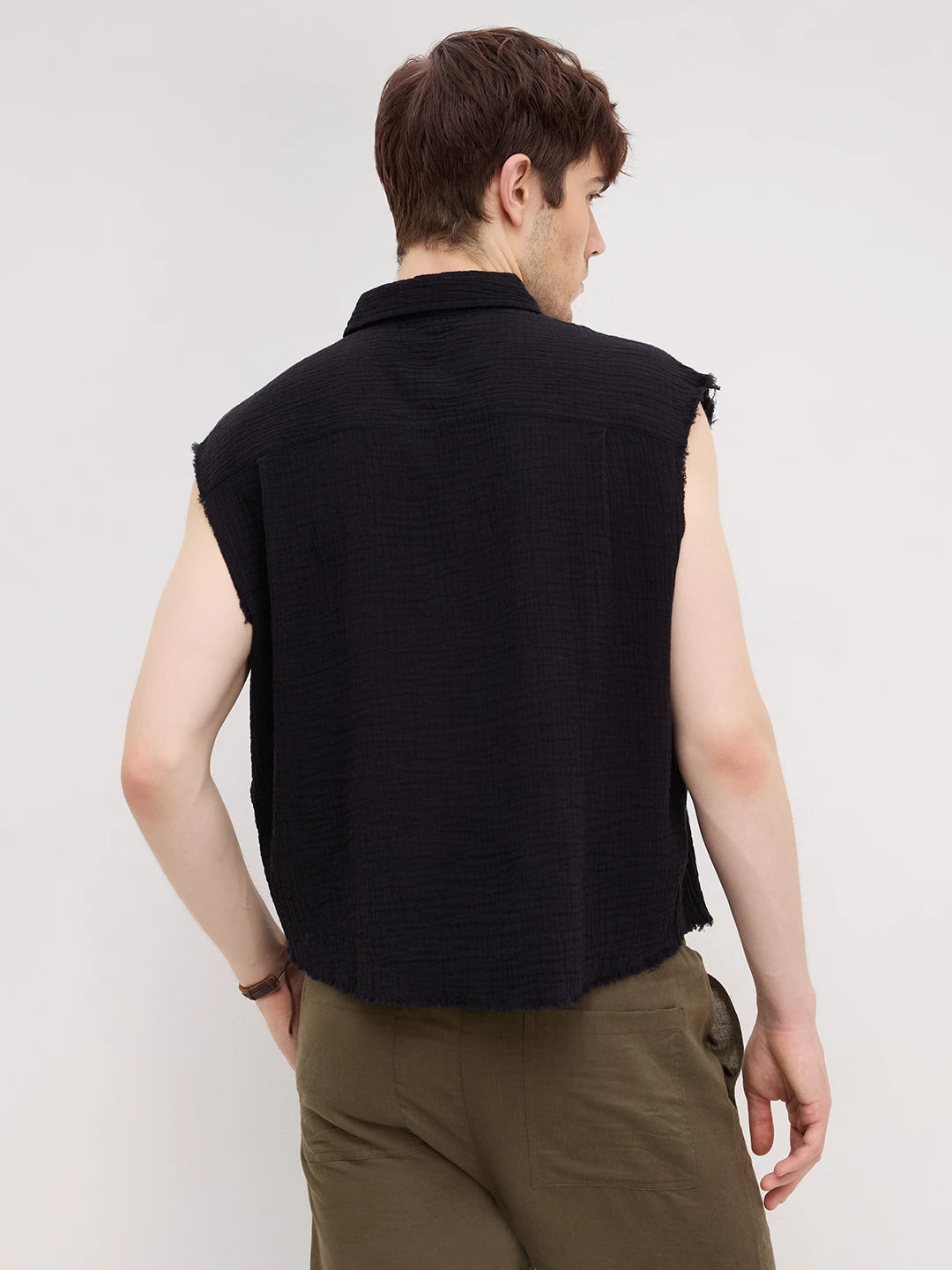 Iconic Black Double Cloth Sleeveless Crop Shirt