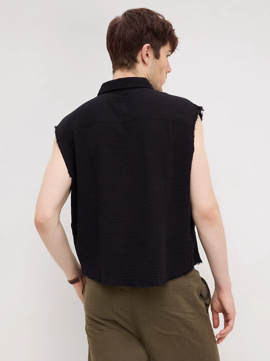 Iconic Black Double Cloth Sleeveless Crop Shirt