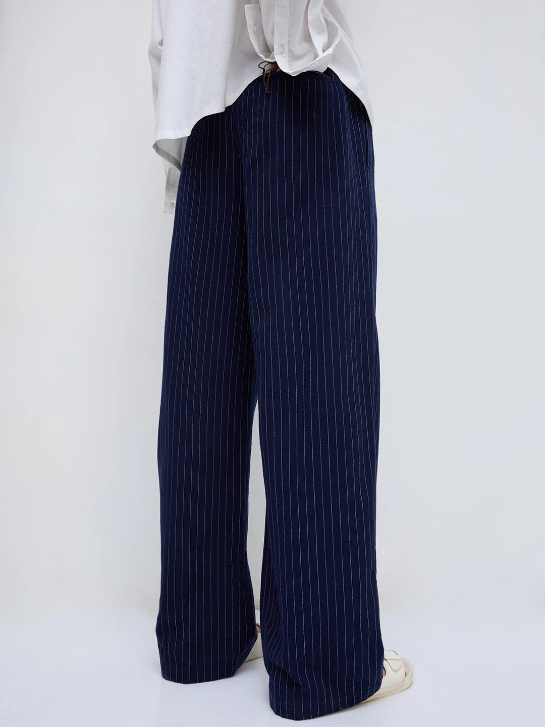Navy Pinstripe Wide Leg Trousers
