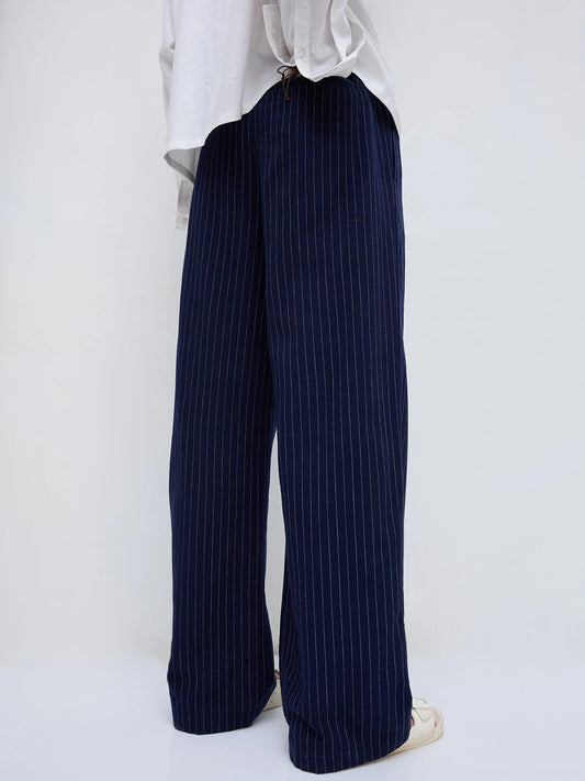 Navy Pinstripe Wide Leg Trousers