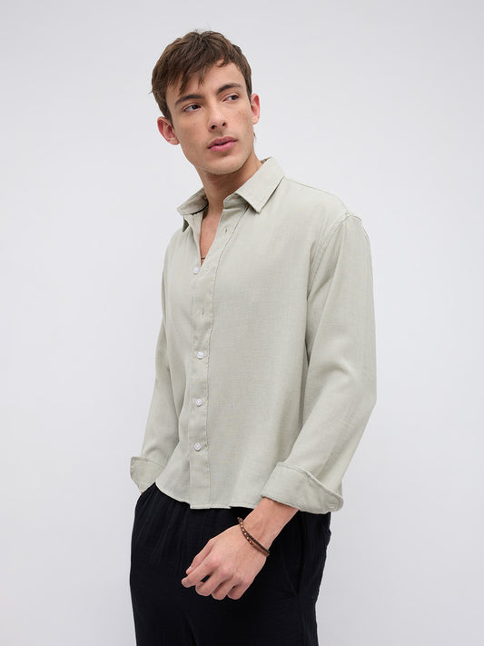 Sage Green Fine Weave Boxy Fit Crop Shirt