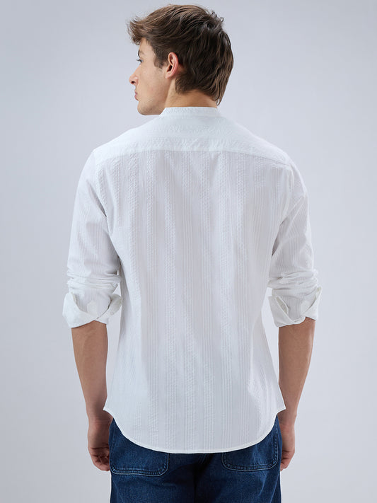 Snow White Seersucker Striped Mandarin Shirt