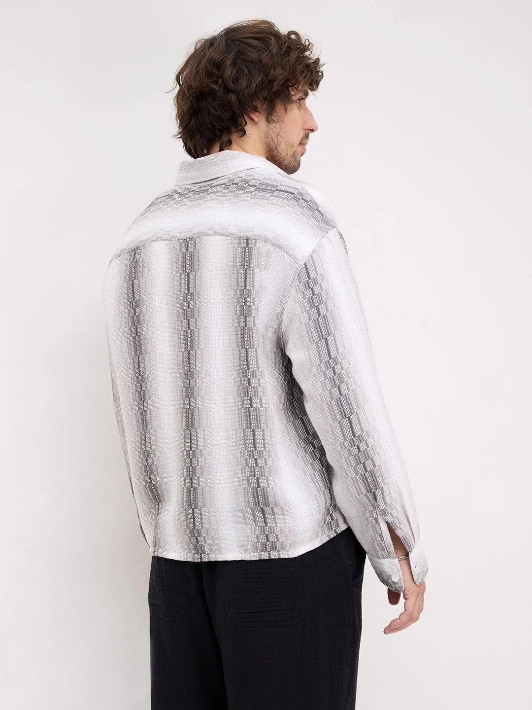 Monochrome Shadow Interlock Loom Striped Boxy Fit Crop Shirt