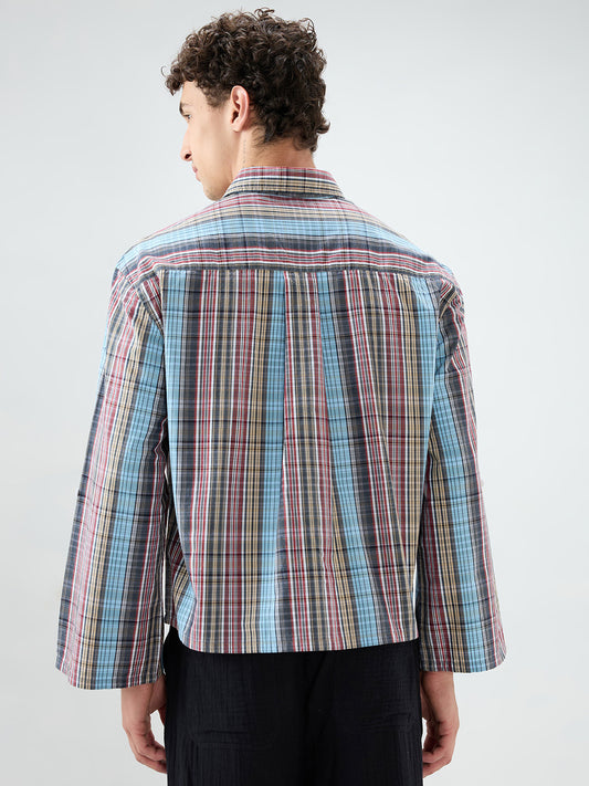 Multi Stripe Fusion Checks Cuffless Oversized Crop Shirt