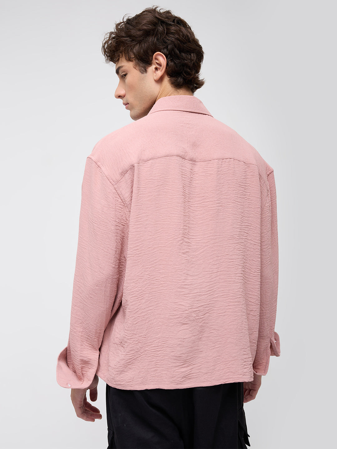 Trendy Spanish Pink Lightweight Crinkled Boxy Fit Crop Shirt