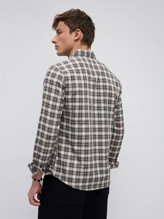 Beige & Black Interlock Plaid Checks Textured Shirt