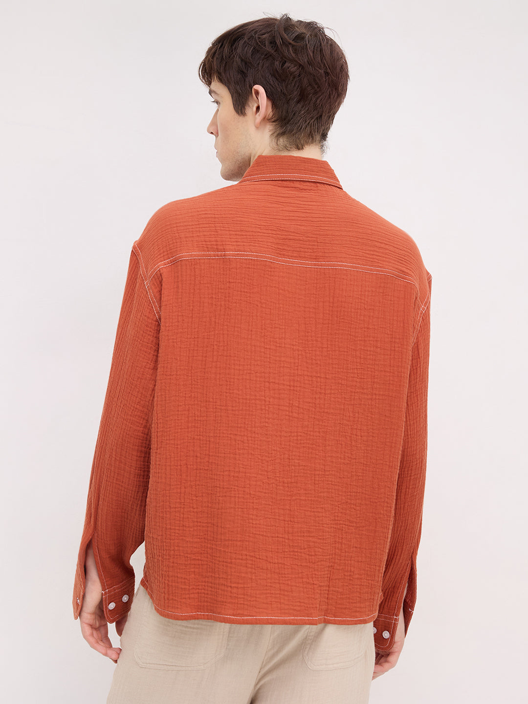 Rust Contrast Stitch Double Cloth Boxy Fit Crop Shirt