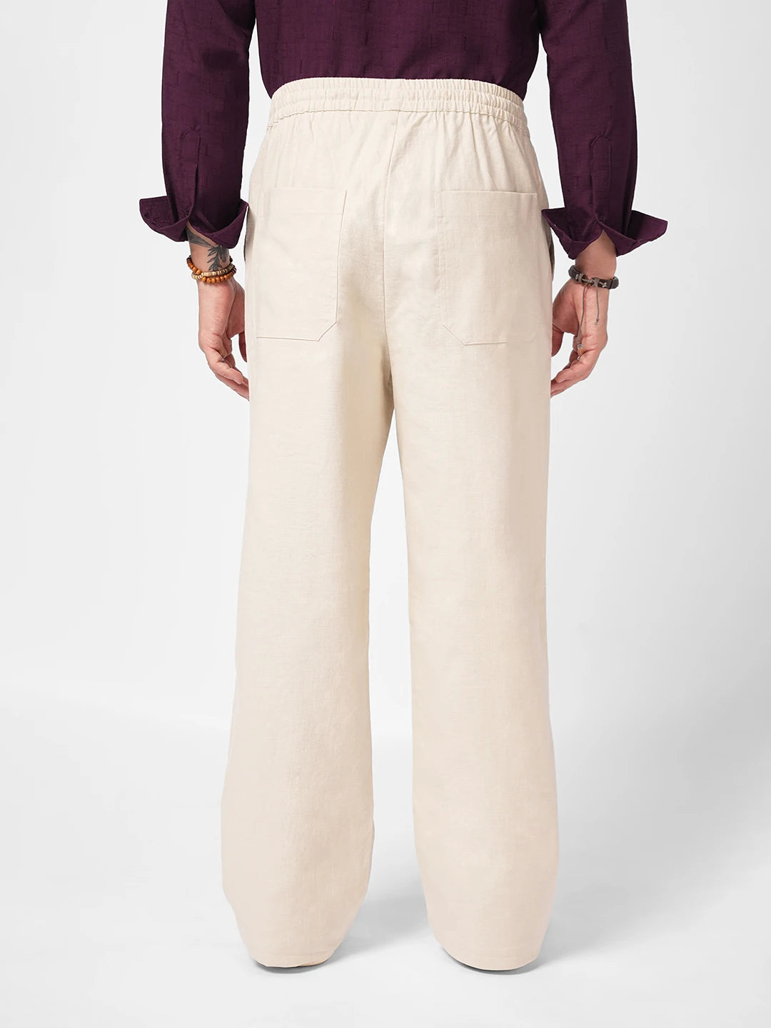 Creamy Beige Slub Weave Straight Fit Trousers