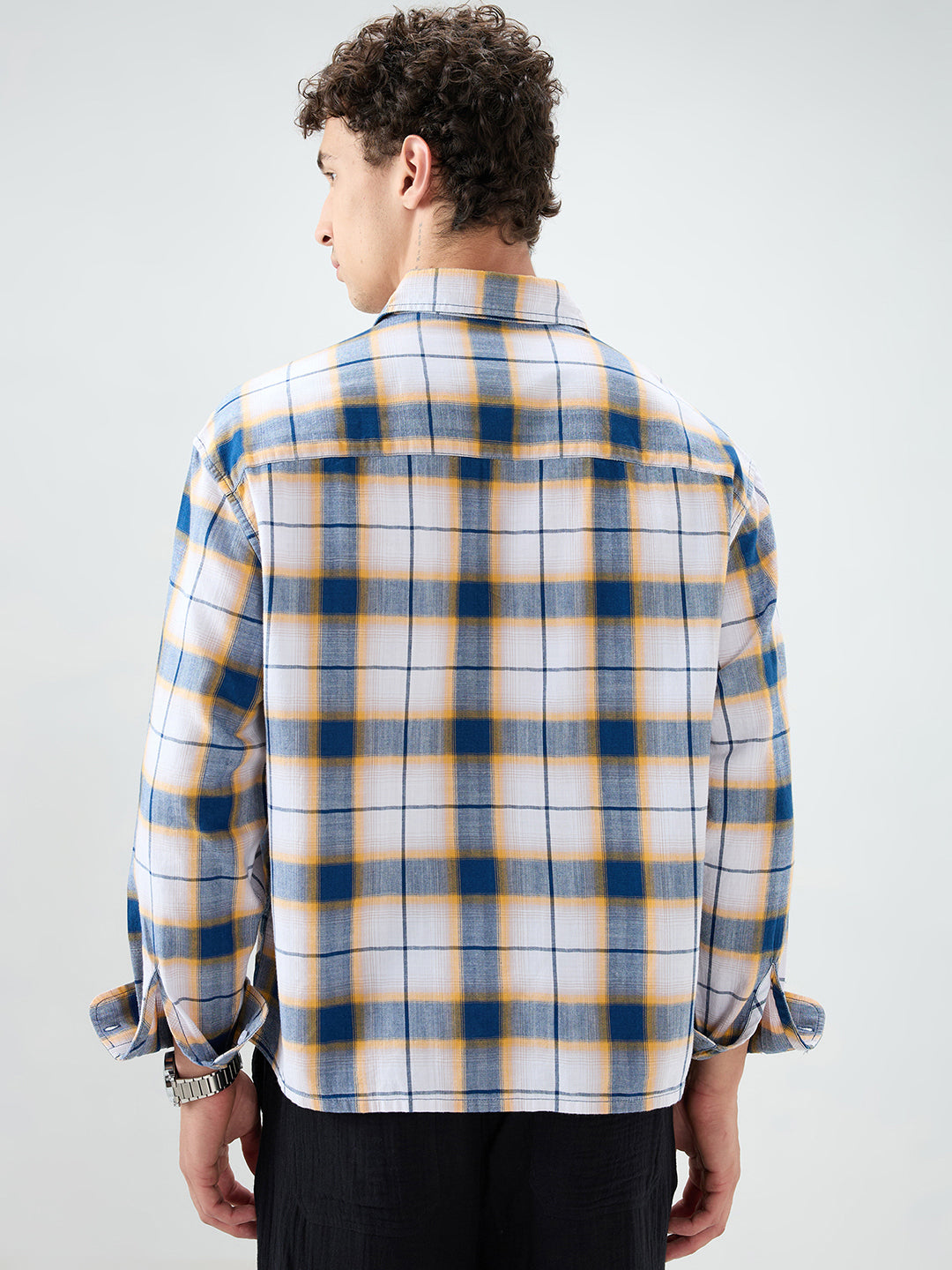 Denim Blue Herringbone Windowpane Checks Boxy Fit Shirt