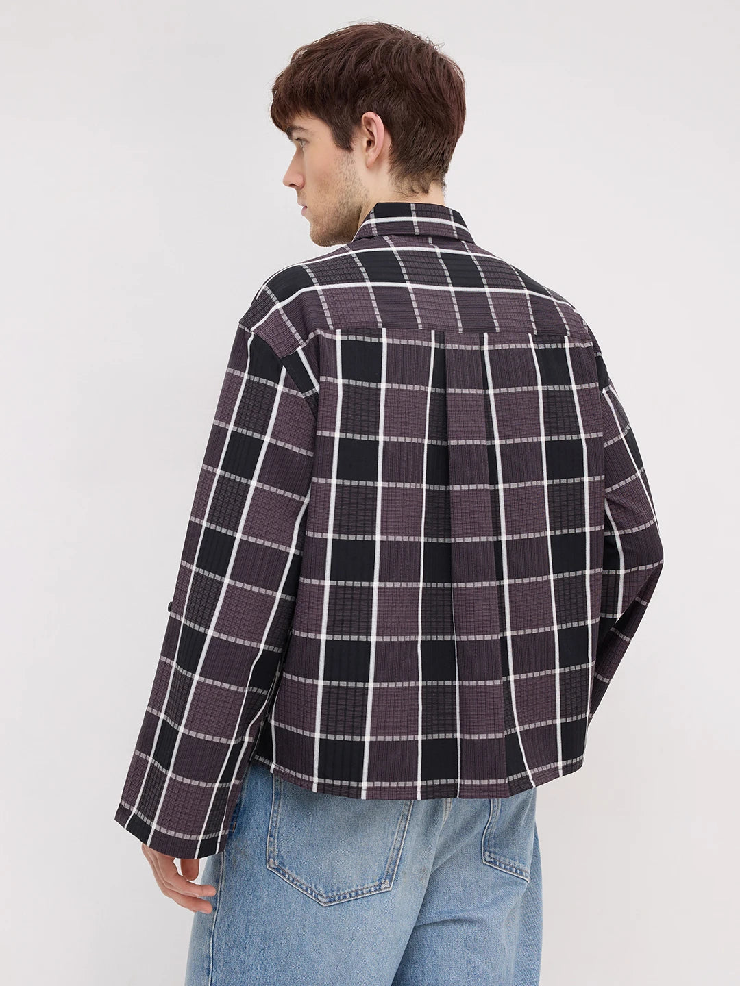Artisan Esspresso Brown Square Checks Cuffless Oversized Crop Shirt