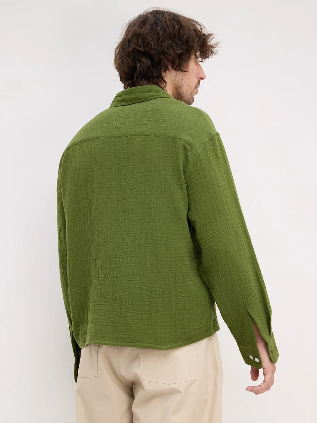 Evergreen Double Cloth Boxy Fit Crop Shirt