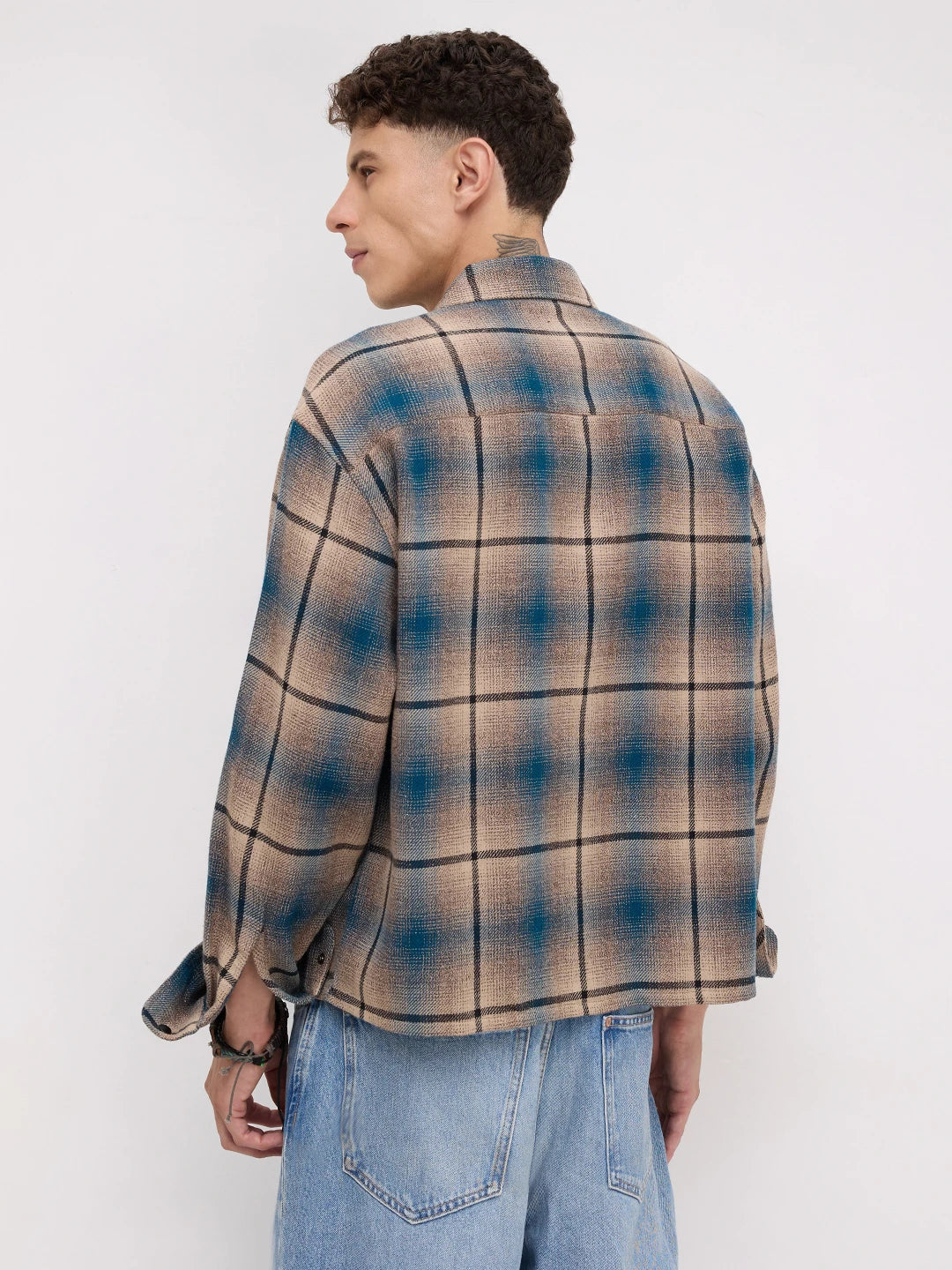 Teal & Khaki Plaid Checks Flannel Boxy Fit Crop Shirt