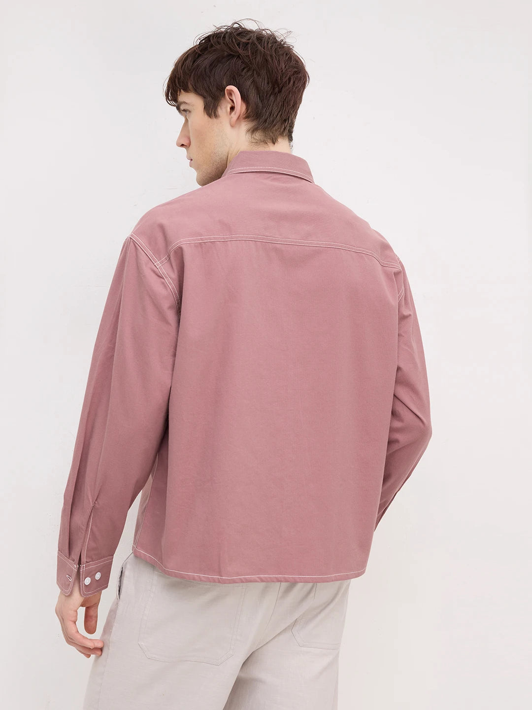 Serene Rouge Pink Contrast Stitch Boxy Fit Crop Cord Shirt