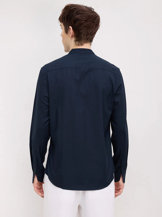 Classic Navy Herringbone Textured Mandarin Shirt
