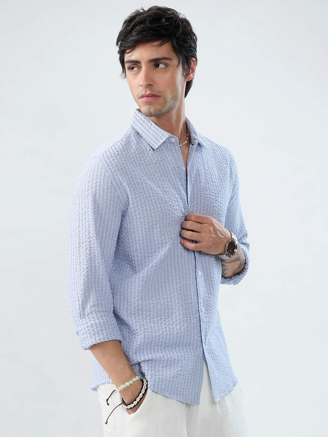 Frost White Azure Fine Striped Seersucker Shirt