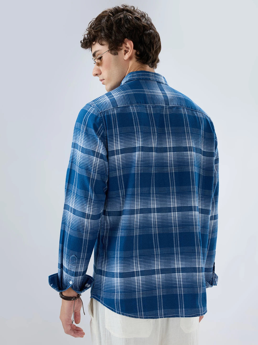 Denim Blue & White Horizontal Stripe Checked Shirt