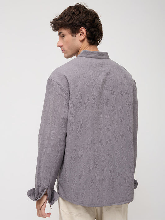 Grey Seersucker Striped Stand Collar Oversized Shirt