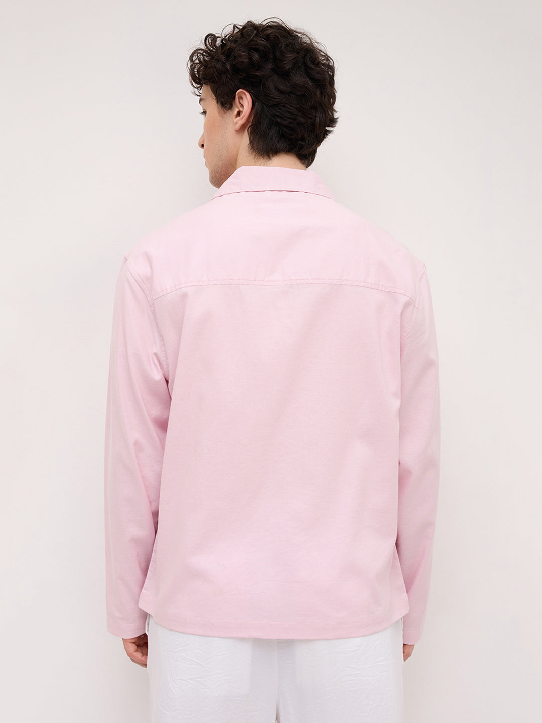 Soft Pink Linen Blend Notch Collar Oversized Shirt