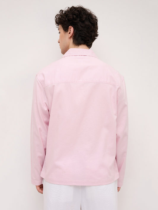 Soft Pink Linen Blend Notch Collar Oversized Shirt