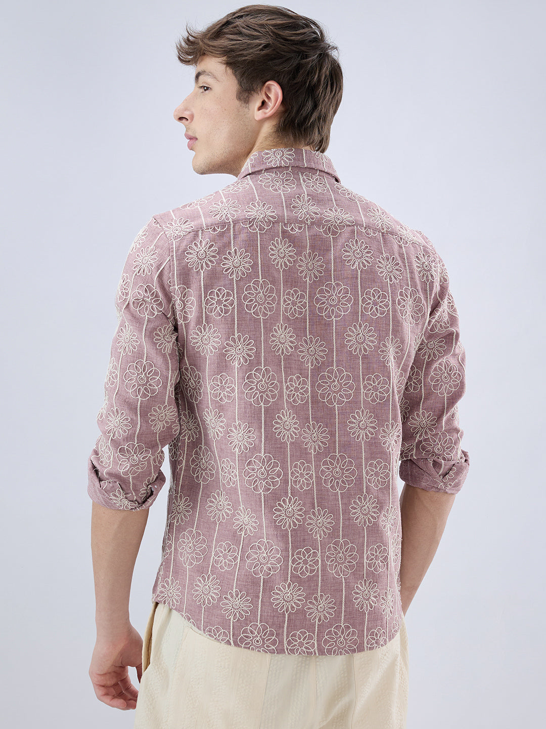Rouge Pink Floral Embroidered Slub Shirt