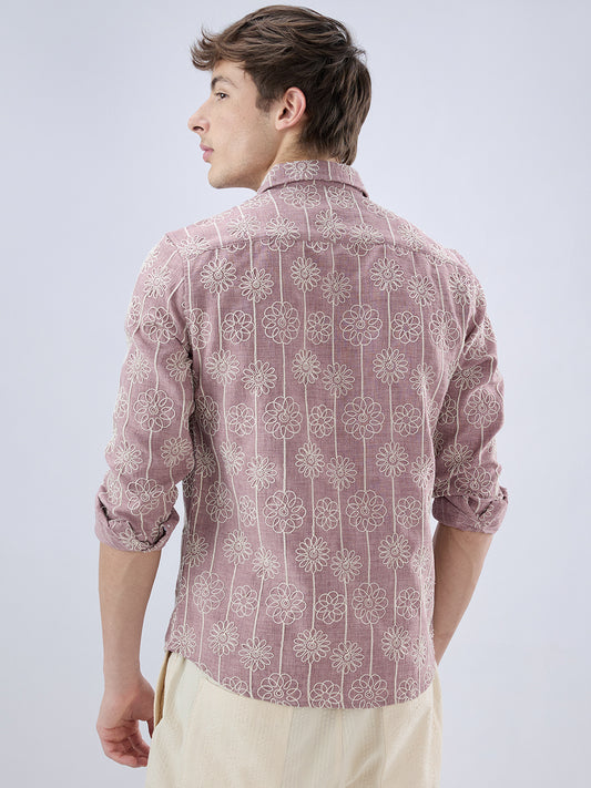 Rouge Pink Floral Embroidered Slub Shirt