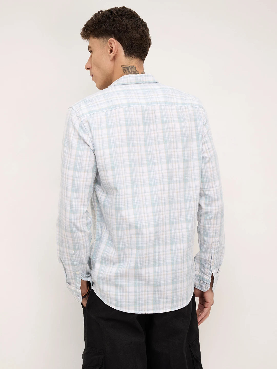 Washed Sage Green Fine Line Grid Checks Shirt