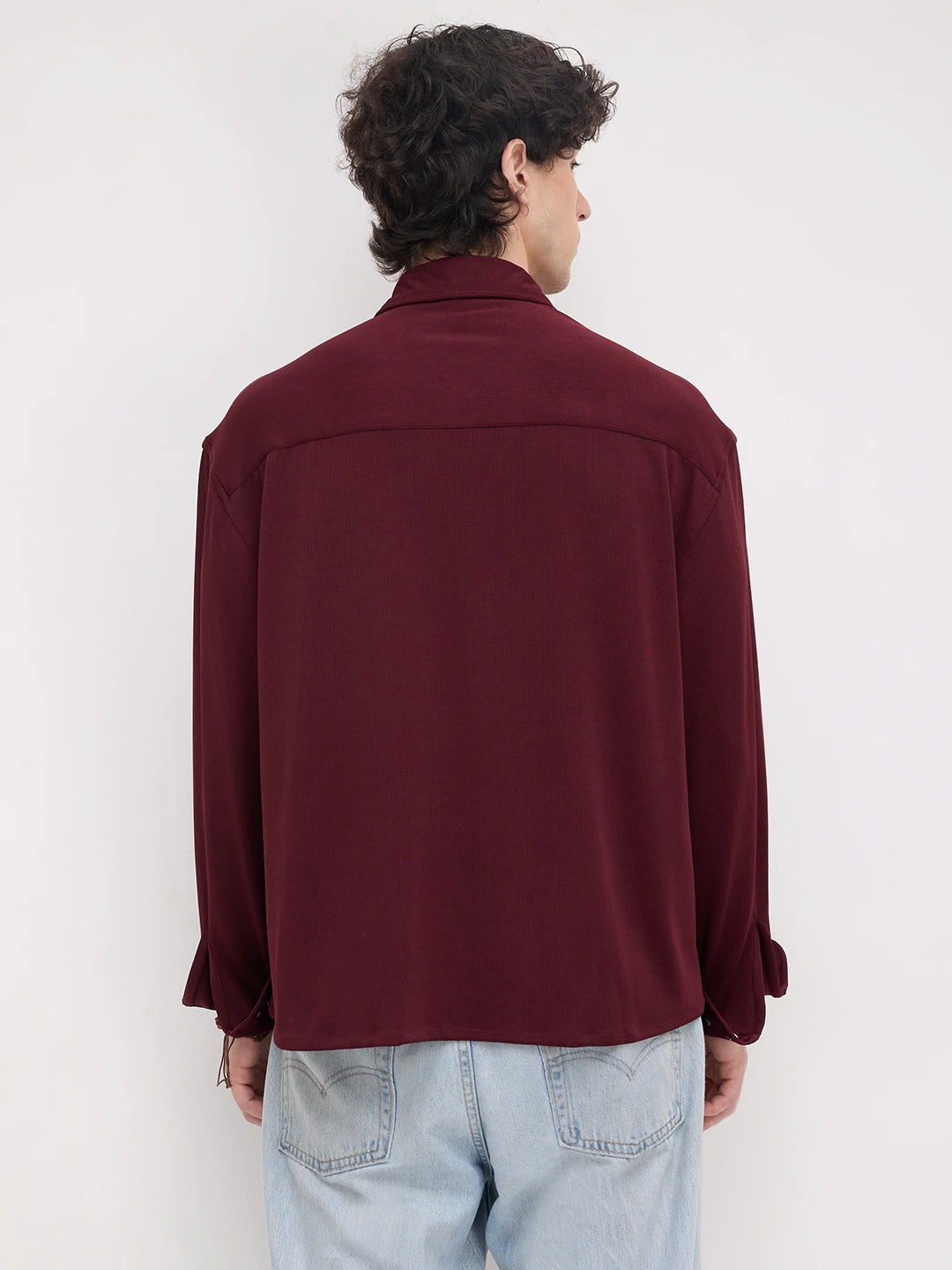 Rich Maroon Fine Textured Knitted Boxy Fit Crop Shirt