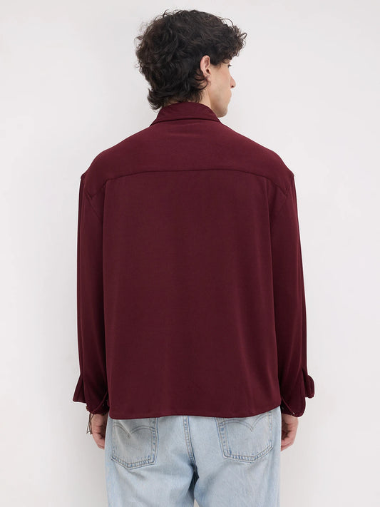Rich Maroon Fine Textured Knitted Boxy Fit Crop Shirt