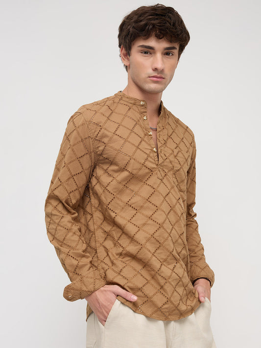 Copper Brown Diamond Embroidery Schiffli Kurta