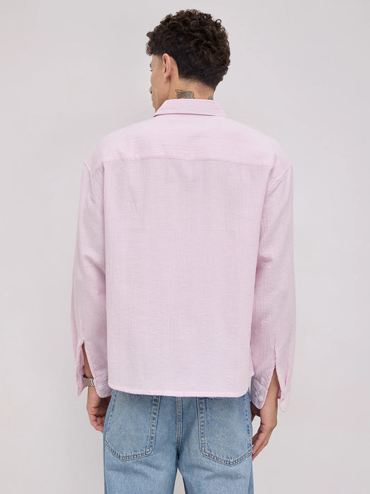 Soft Baby Pink Double Cloth Seersucker Striped Boxy Fit Crop Shirt