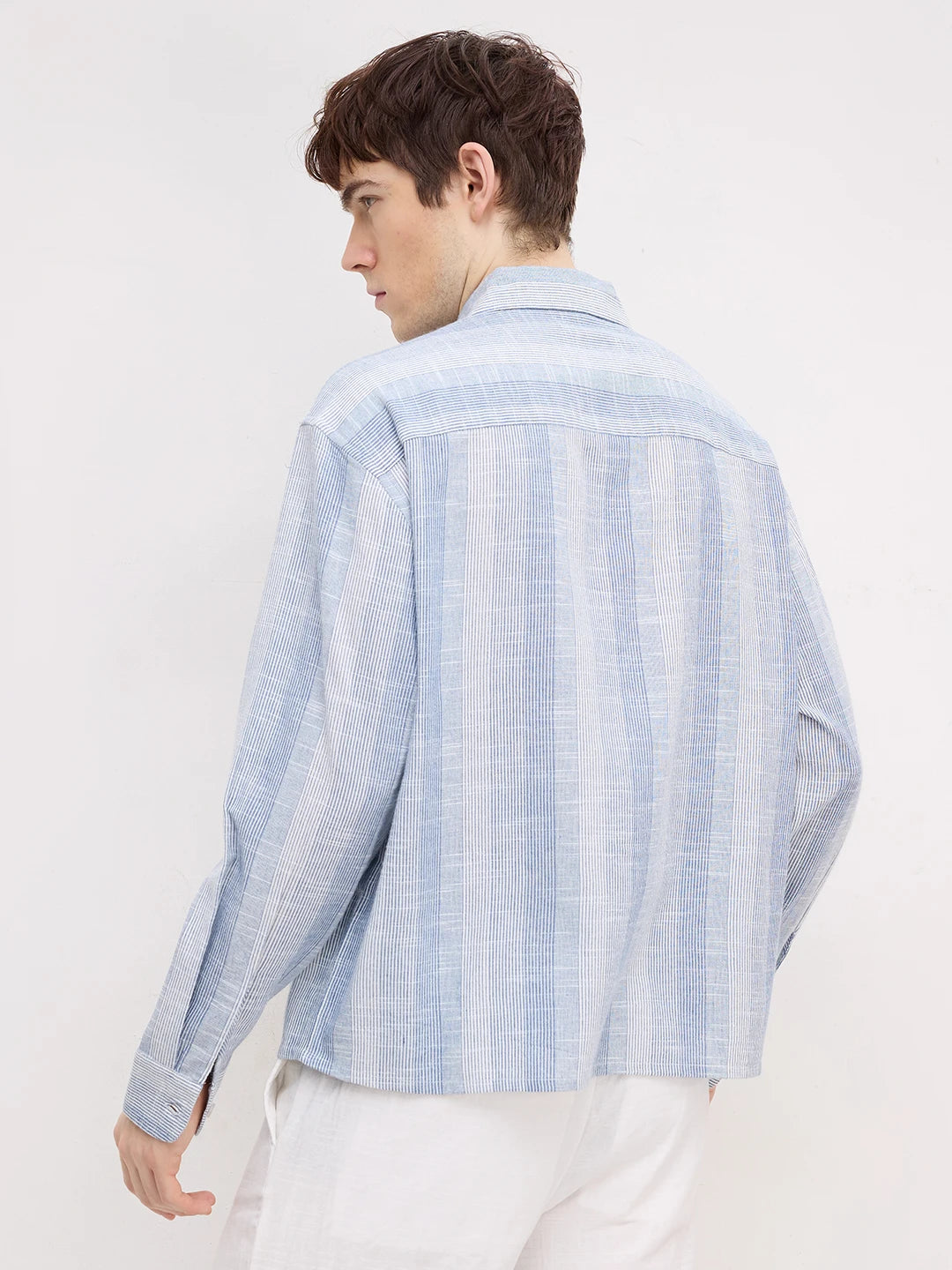 Blue Rhythmic Weave Striped Boxy Fit Crop Shirt