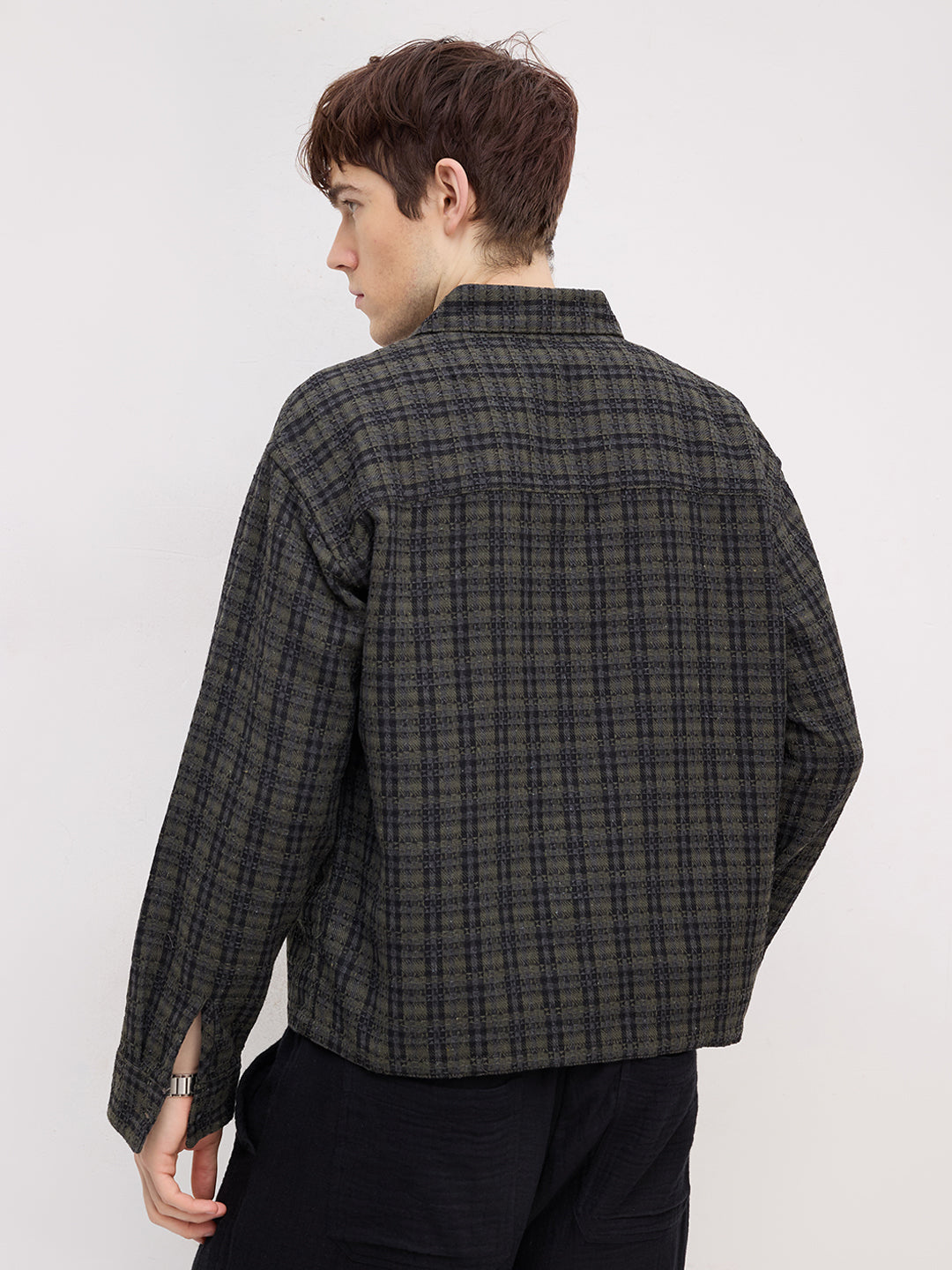 Refined Onyx Black Diamond Weave Loop Button Oversized Flannel Shirt