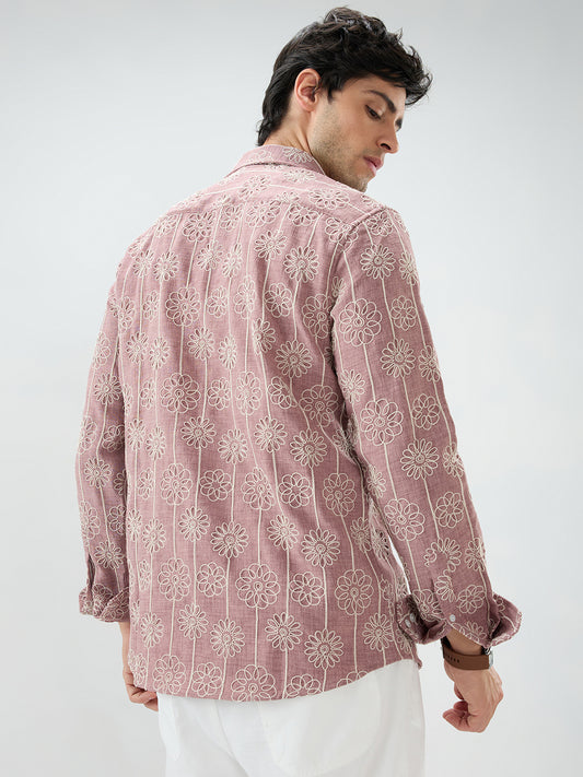 Turkish Rose Pink Floral Embroidered Slub Shirt