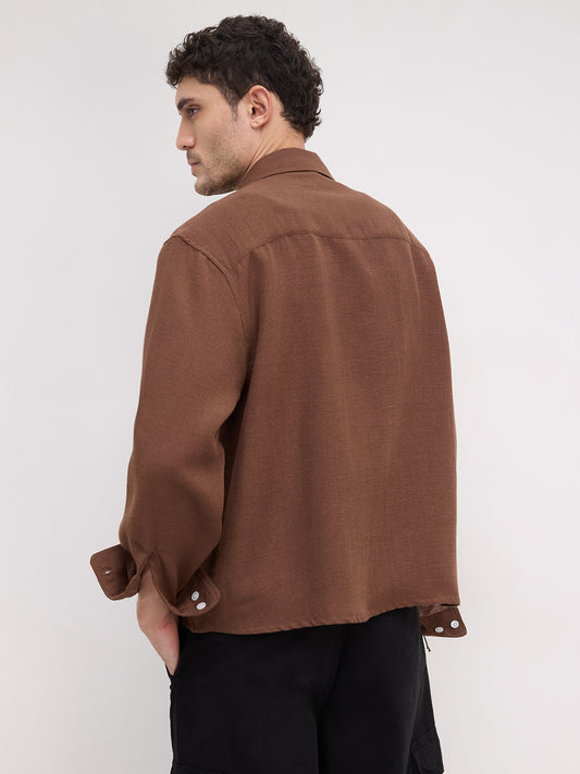 Plush Chocolate Brown Sheer Weave Boxy Fit Crop Shirt