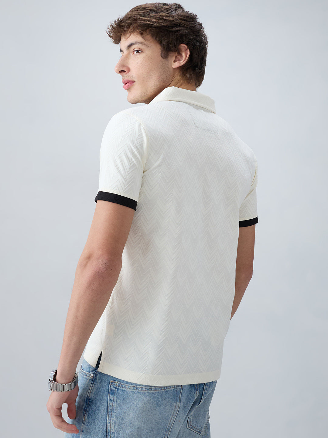 Chalk-White Chevron Contrast Polo Neck Knit T-shirt