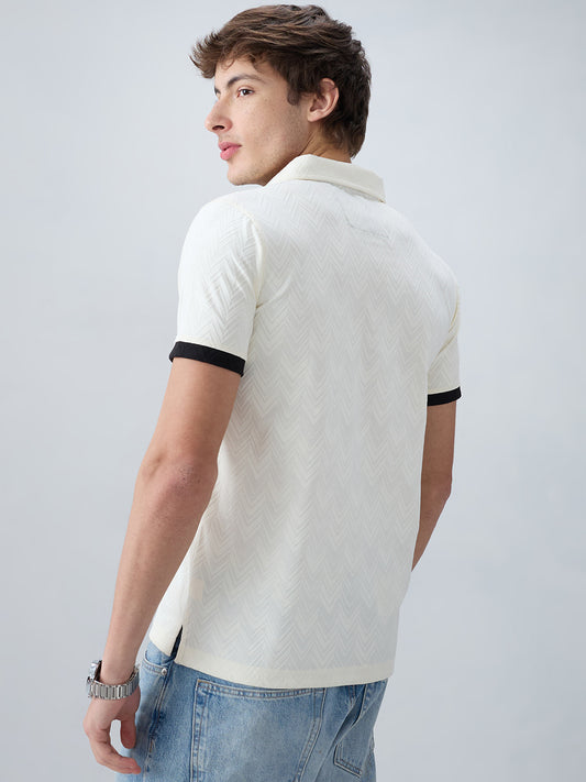 Chalk-White Chevron Contrast Polo Neck Knit T-shirt
