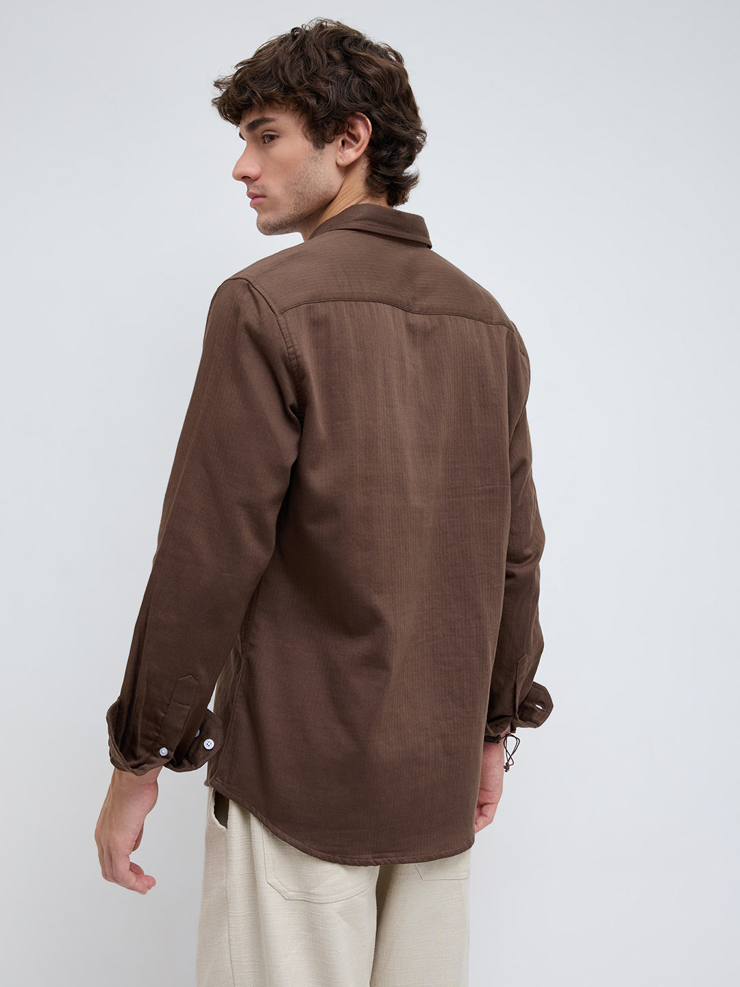Coffee Brown Herringbone Textured Button-Down Shirt