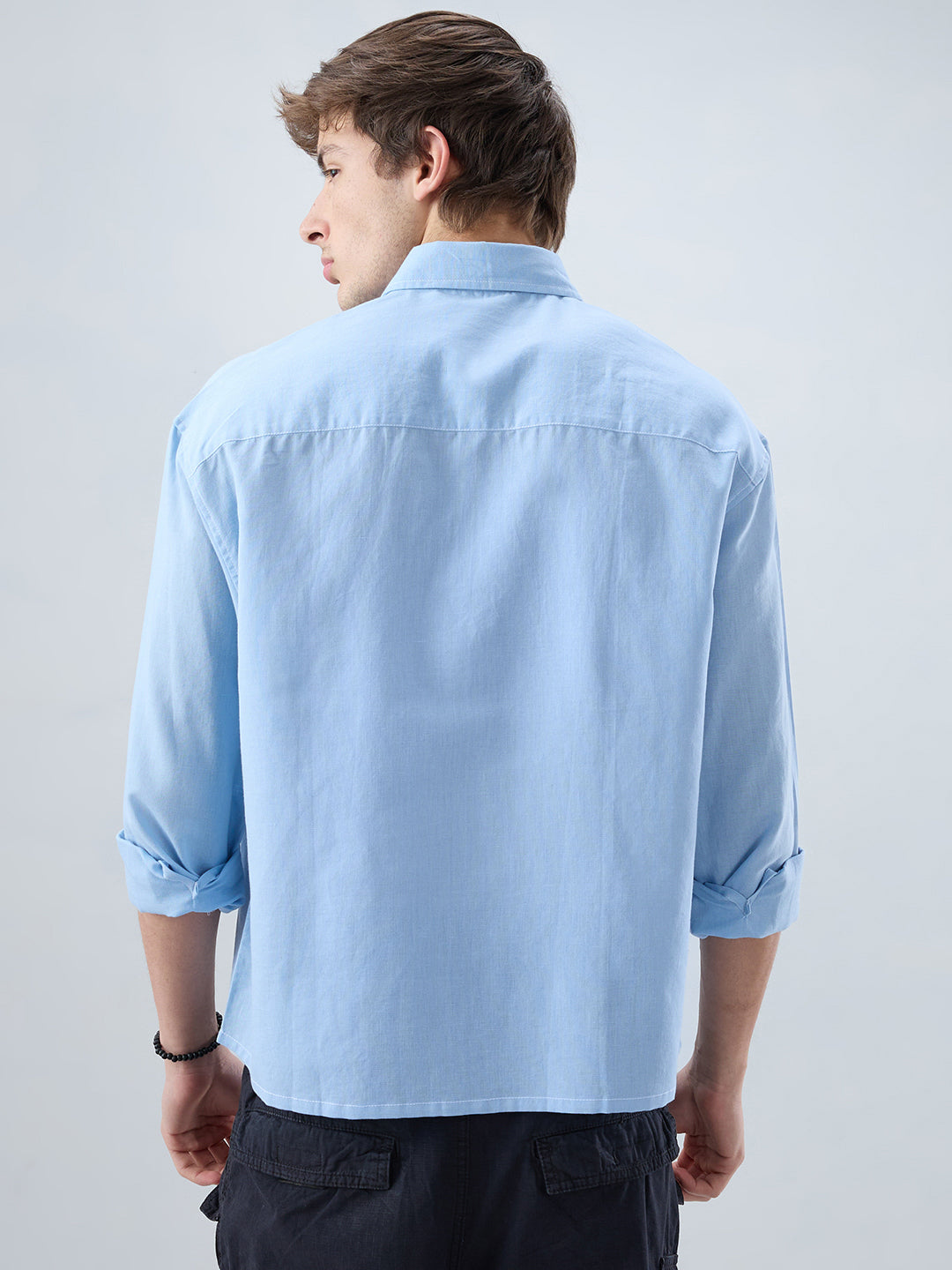 Luxe Blue Fine Sheer Linen Blend Boxy Fit Crop Shirt