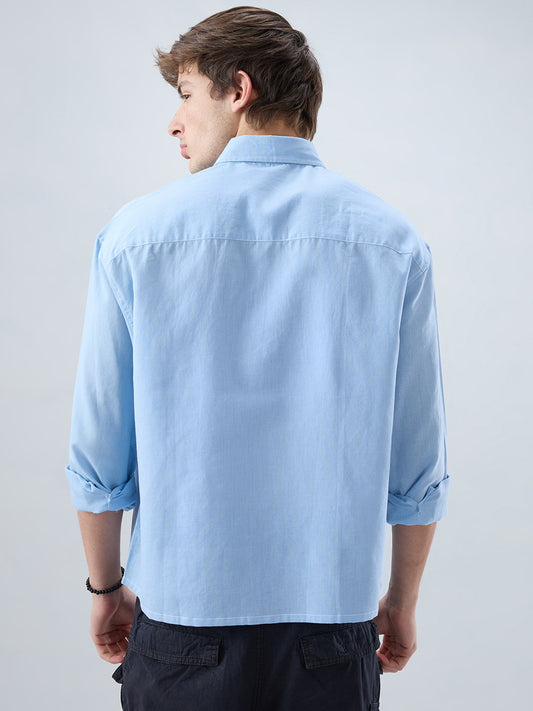 Luxe Blue Fine Sheer Linen Blend Boxy Fit Crop Shirt