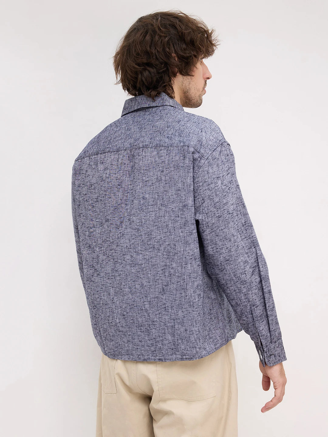 Navy Melange Textured Boxy Fit Crop Shirt
