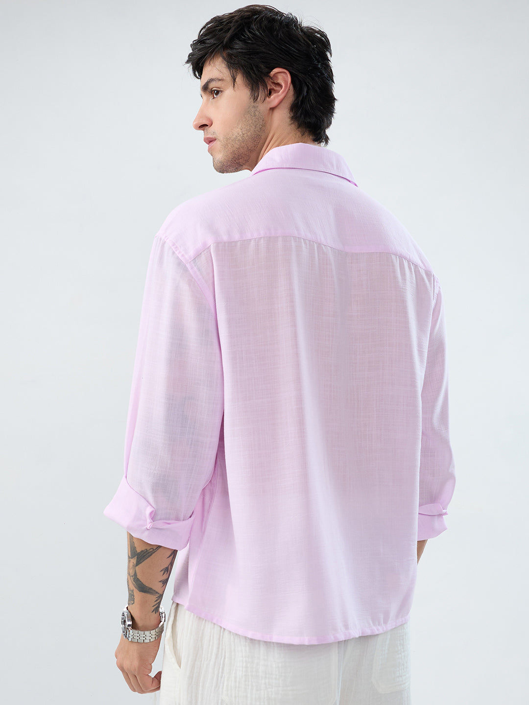 Pink Pearl Slub Textured Boxy Fit Crop Shirt