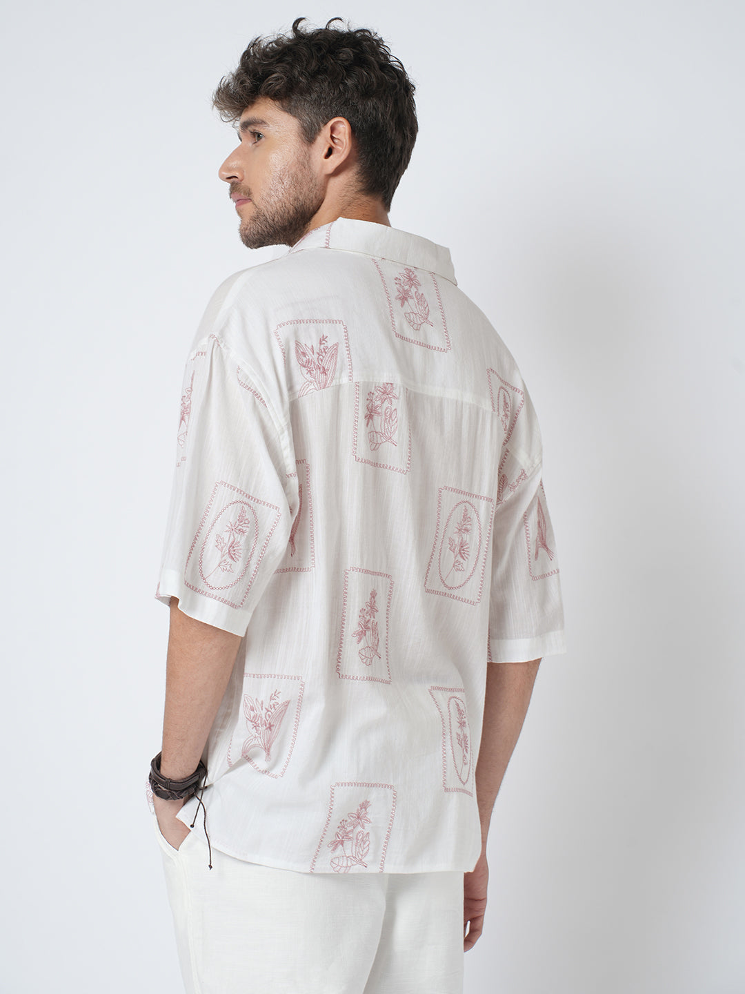 Old Rose Pink Floreal Frame Embroidery Polo Oversized Shirt