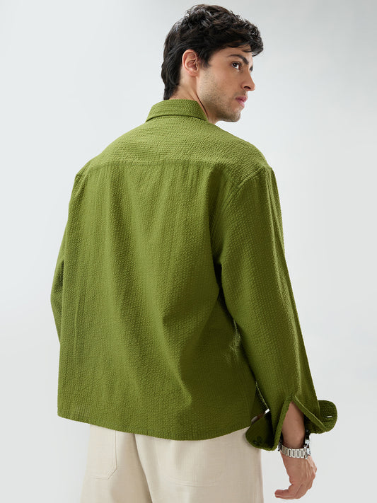 Basil Green Seersucker Striped Boxy Fit Crop Shirt