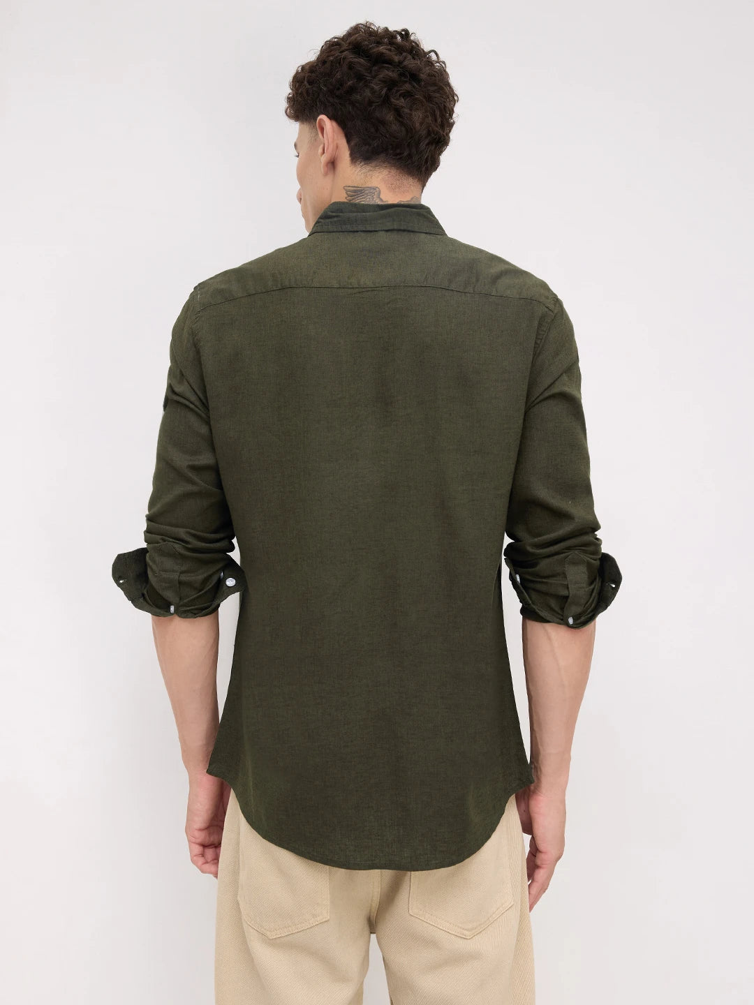 Forest Green Button-Down Collar Linen Blend Shirt